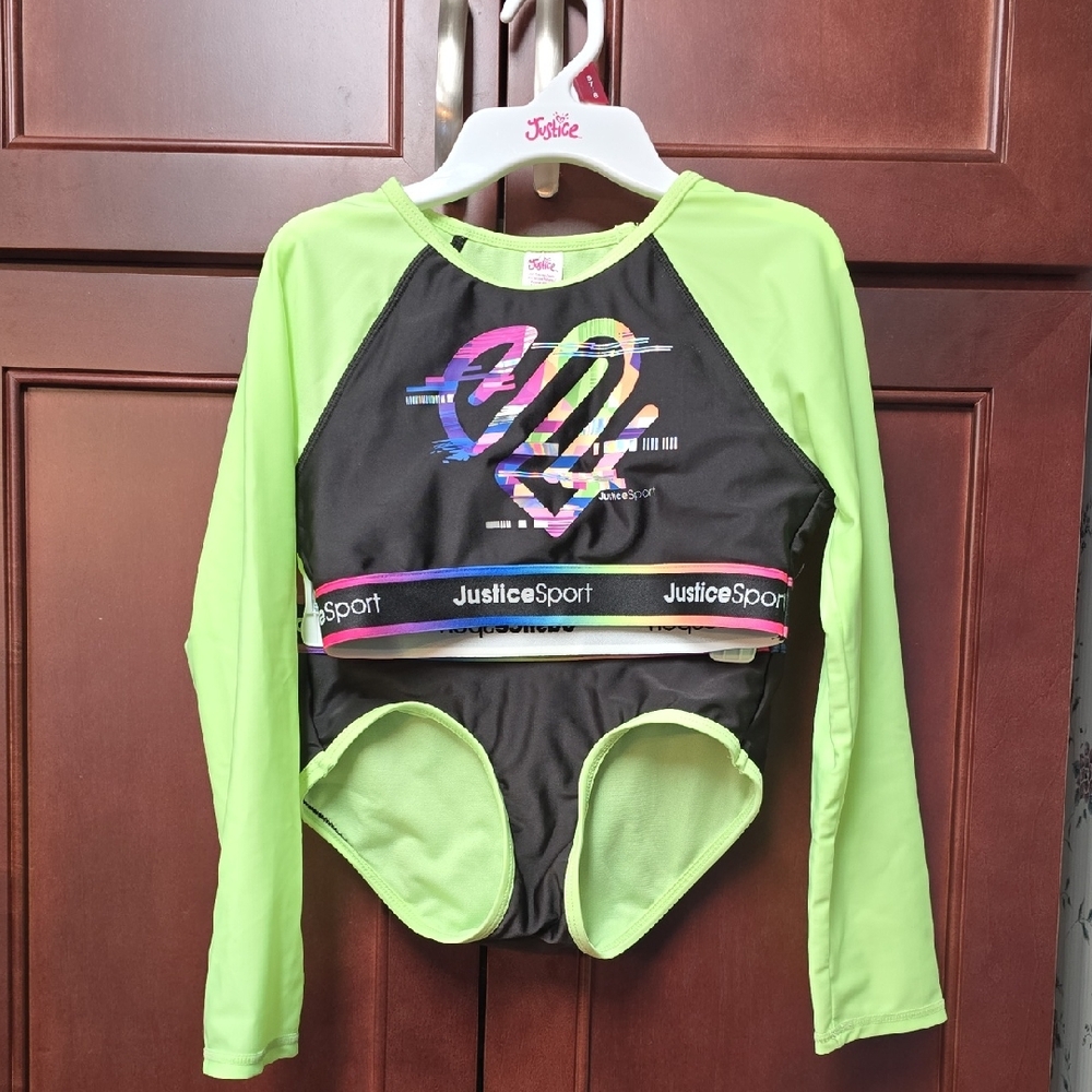 HOST POST. NWOT. Justice Sport Girl's 2pc Neon Green/ Black Bathing Suit. Sz 7/8